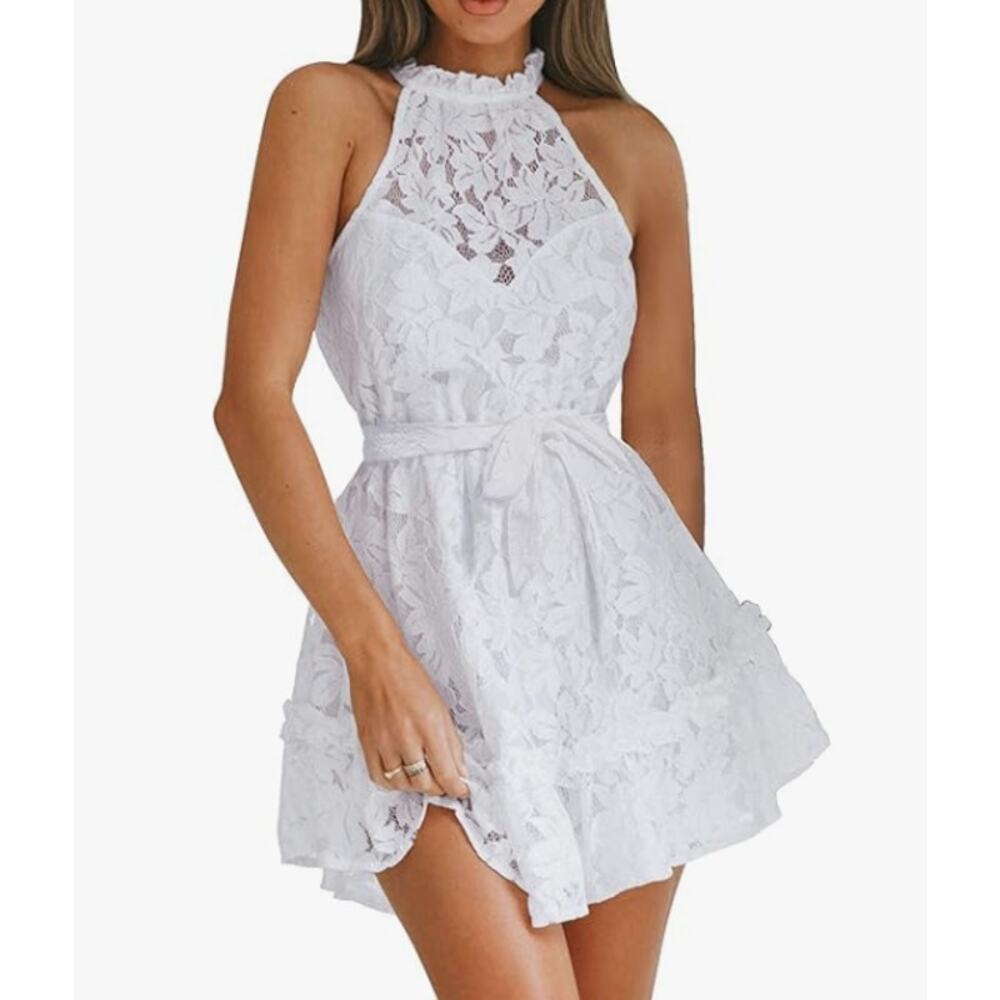 Ruffle Lace Frilled Neck Empire Waist Mini Dress White NWT Size L